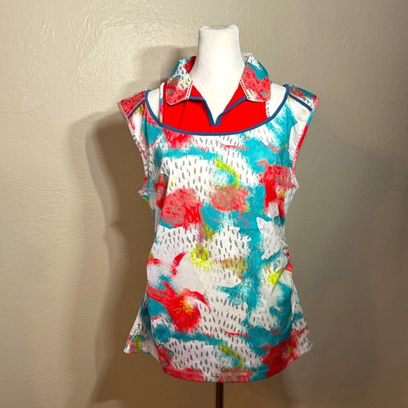 NWT $86 Swarovski Crystal Studded Luxury Golf Floral Polo Cutout Shirt Sz LARGE - Picture 1 of 9